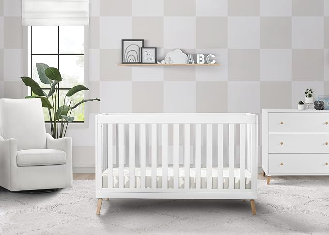 Delta Children Essex 6 Drawer Dresser and 4-in-1 Convertible Crib, Bianca White/Natural