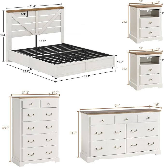 AMERLIFE 3 Piece Bedroom Set, Including Farmhouse Queen Size Bed Frame with 4 Drawers, Nightstands Set of 2 with Charging Station for Bedroom, White
