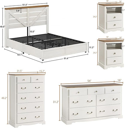 AMERLIFE 3 Piece Bedroom Set, Including Farmhouse Queen Size Bed Frame with 4 Drawers, Nightstands Set of 2 with Charging Station for Bedroom, White