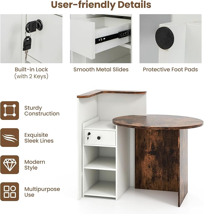 Reception Desk, Retail Checkout Counter w/Lockable Drawer & Open Shelves, Computer Workstation, Small Front Desk Reception Counter for Company Lobby Store Salon Office (Rustic Brown & White)