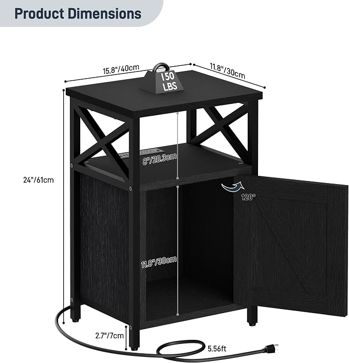 runjuly Wooden Nightstand with Charging Station, Bed Side Table with Drawers, Bedside Table with Lock, 3 USB & 2 Outlets, Night Stand with Cabinet Storage, End Table for Bedroom, Black