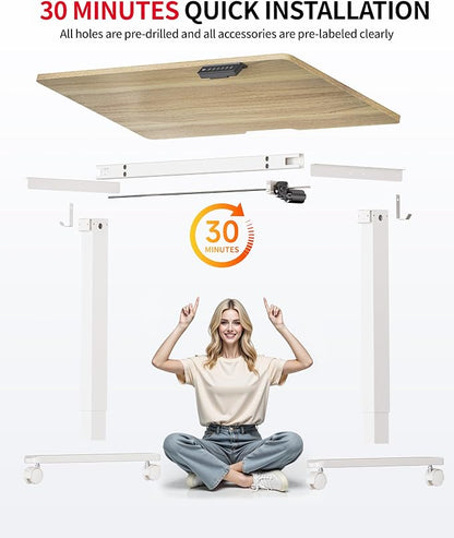 Okin Standing Desk Electric Adjustable Computer Whole Piece Stand up Desk with Wheels Office Gaming Home Office Memory Desks 48x24 inches Cream Pecans