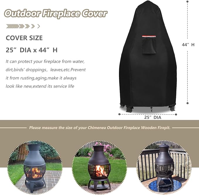 Patio Chiminea Cover,Heavy Duty 600D Waterproof Wood Burning Fire Pits Cover, Chimenea Outdoor Fireplace Wooden Fire Pit Covers,25" Dia x 43.3" H.