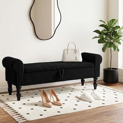 Storage Bench for Bedroom, 60" End of Bed Bench Premium Linen Upholstered Storage Ottoman, Entryway, Closet, Black