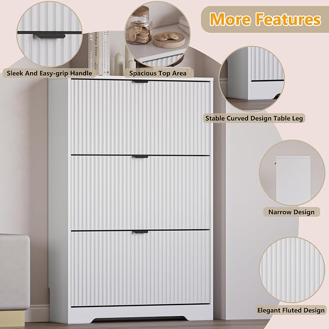 BORNOON Entryway Shoe Cabinet with 3 Flip Drawers, Narrow Shoe Organizer Cabinet with Fluted Panel and Adjustable Shelves for Foyer, Hallway