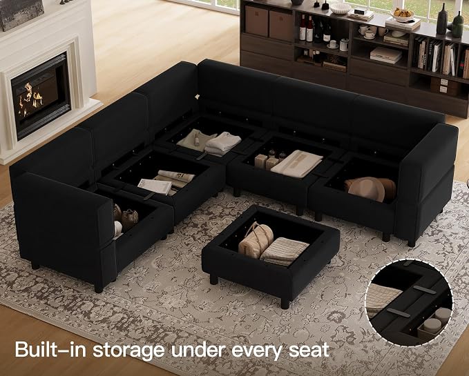 Belffin Modular Sectional Sofa with Storage Seats Velvet L Shaped Corner Couch Convertible Sectional Sofa with Chaise Black