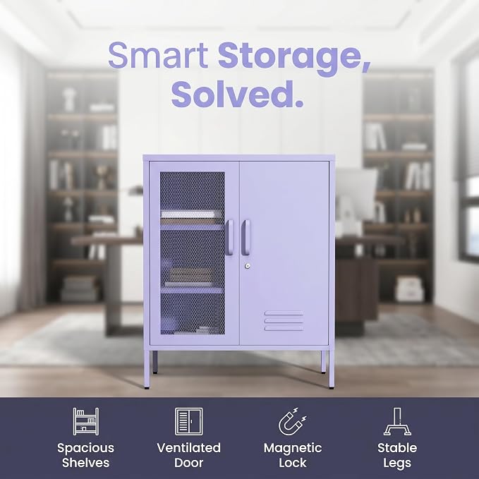 Purple Lockable Mesh & Metal Door Storage Cabinet, 3-Tier Heavy Duty Steel Locker with 2 Adjustable Shelves, Accent Cabinet for Living Room, Home Office, 33" H x 29.5" W x 13.8" D