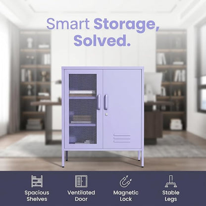 Purple Lockable Mesh & Metal Door Storage Cabinet, 3-Tier Heavy Duty Steel Locker with 2 Adjustable Shelves, Accent Cabinet for Living Room, Home Office, 33" H x 29.5" W x 13.8" D