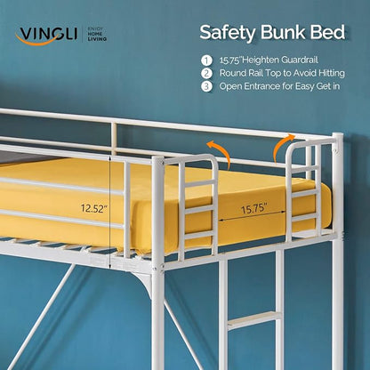 VINGLI Loft Bed Twin for Kids Loft Bunk Bed Frame with Stairs/Flat Ladder Rung,Metal Single Loft for Adults, No Box Spring Required, White