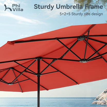 PHI VILLA Patio Dining Set with Umbrella for 6 Person, Outdoor Swivel Dining Chairs & 1 Large Wooden-Like Top Table with 13ft Orange Red Outdoor Umbrella(No Base) for Deck Lawn Garden Backyard