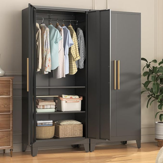 72" Tall Metal Armoire Wardrobe Closet - Large Clothing Storage Cabinet with Mirror Doors, 2 Hanging Rod & Adjustable Shelve - Closet Organizer for Bedroom, Office, Laundry Room, Garage - Green