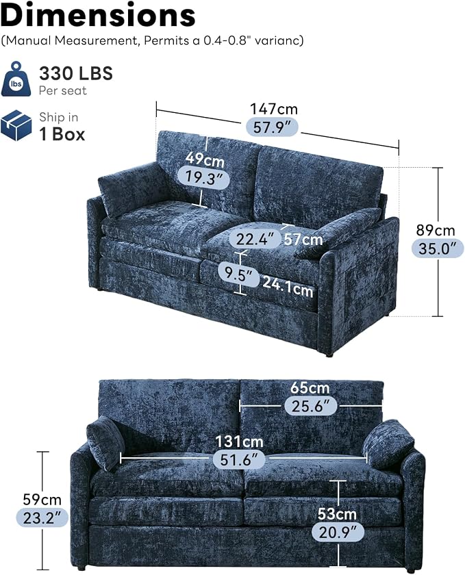 Iroomy 57" Chenille Loveseat 2 Seater, Small Love Seat Sofa, Cloud Couch Thick Cushions, Pocket Springs, Compact Couches for Apartment, Living Room, Blue | 9.5" Thick Cushions