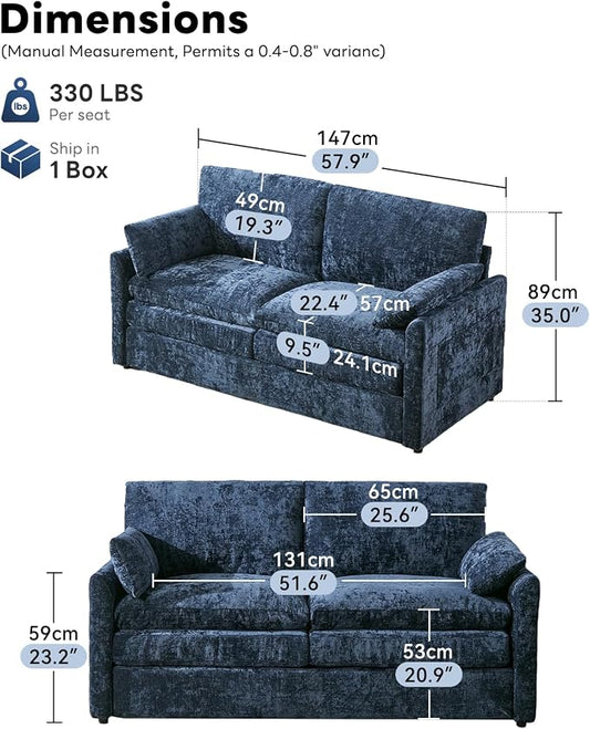 Iroomy 57" Chenille Loveseat 2 Seater, Small Love Seat Sofa, Cloud Couch Thick Cushions, Pocket Springs, Compact Couches for Apartment, Living Room, Blue | 9.5" Thick Cushions
