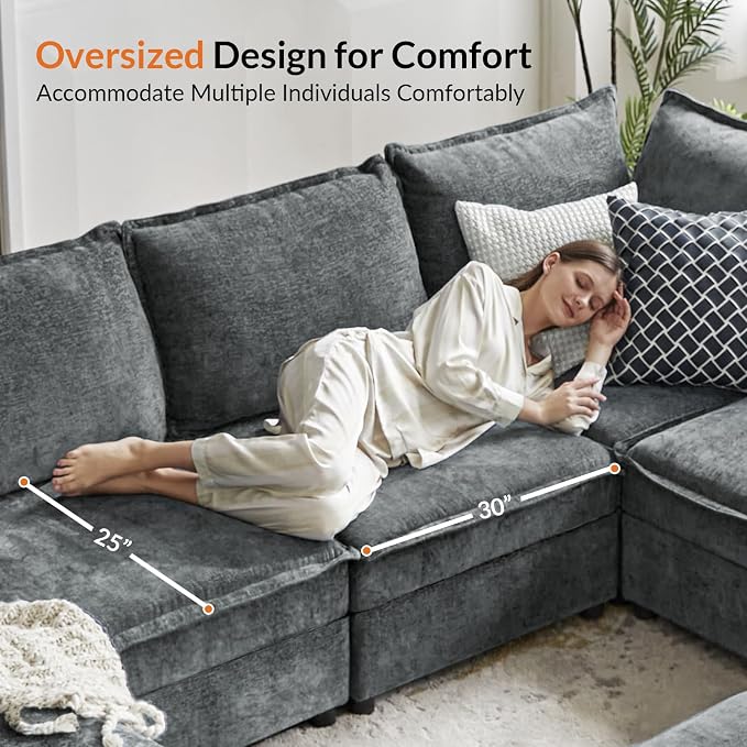 HULALA HOME 97'' Modular Sectional Sofa, L Shaped Couch with Storage Ottoman, Comfy Chenille Sofa with Deep Seat, 4 Seat Convertible Sectional Couches for Living Room, Grey