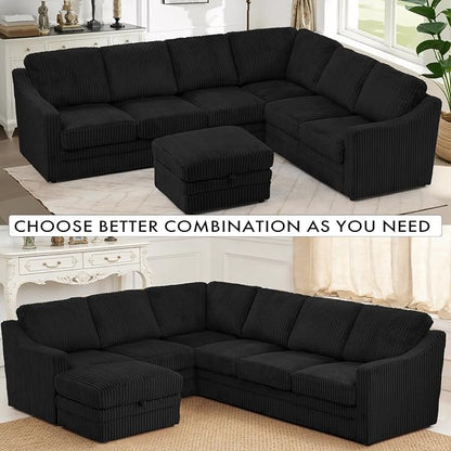 115 Inches Corduroy Sectional Sofa with Storage Ottoman, Modern 7 Seats Corner Couch with Deep Seat, Comfy Modular U Shaped Couch with Comfortable Cushions for Living Room, Black