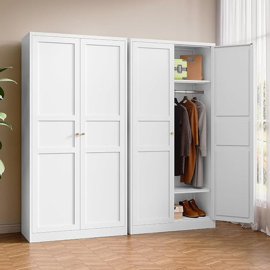 BYNSOE Metal Armoire Wardrobe Closet with 2 Doors 72'' Wardrobe Cabinet with Hanging Rail Metal Closet with Adjustable Shelves for Bedroom Require Assembly(White, 72inch)