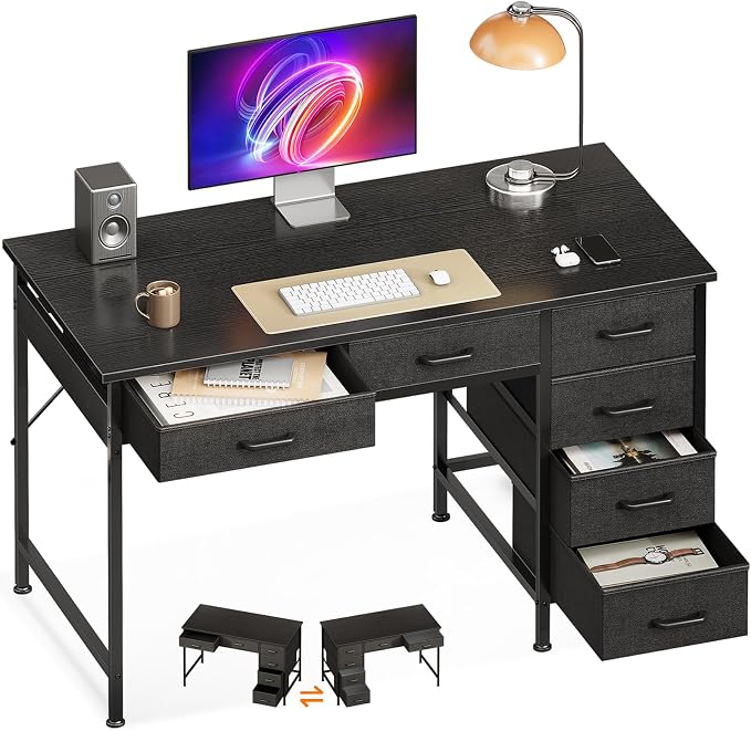 Casaottima 40 Inch Small Computer Desk with 6 Drawers, Reversible Storage Desk for Home Office, Work Study Table for Bedroom, Black