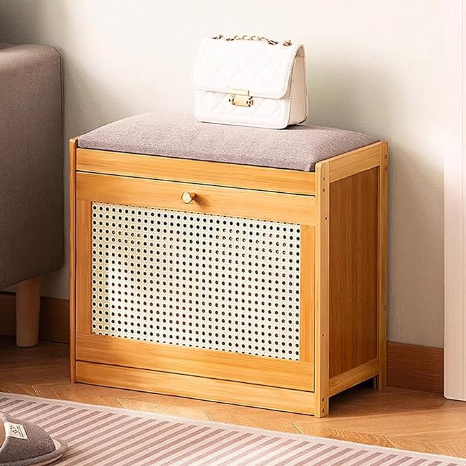 Entryway Storage Bench with Cushioned Seat Shoe Rack, 2-Tier Wooden Shoe Organizer Cabinet for Closet, Entryway, Hallway, Bedroom