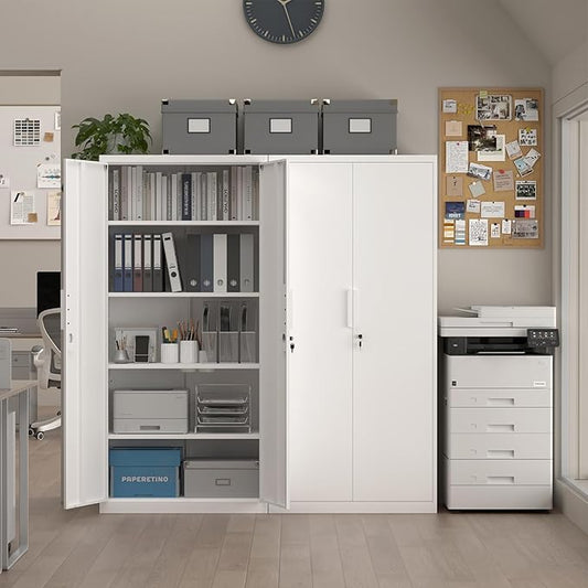 72" H Metal Garage Storage Cabinet with 2 Doors and 4 Shelves, White Steel Locking File Cabinet, Metal Storage Cabinets for Office, Home, Garage, Gym, School