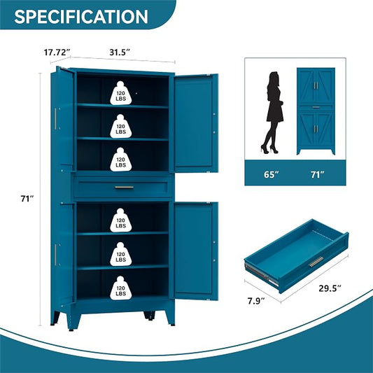 Metal Storage Cabinets with Drawer, 71" Filing Cabinet with 4 Adjustable Shelves & 4 Doors, Modern Abstract Rhombus Geometric Design File Cabinet for Home,Office,Garage,Shop,School, Blue