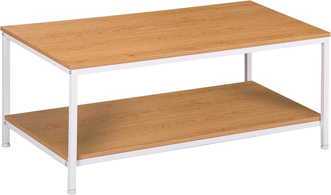 SUPER DEAL 2-Tier Coffee Table with Storage Shelf for Small Apartment Living Room, Rectangle Wood and Stable Metal TV Stand Side End Table, Natural Wood