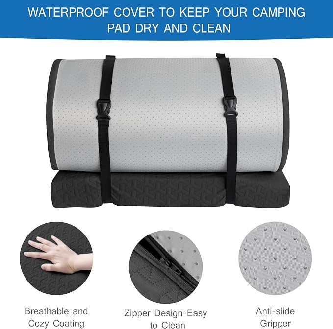Memory Foam Camping Pad 3 Inch Thick, Soft Sleeping Pad with Waterproof Cover, Roll Up Cot Pad Topper for Travel Truck Bed Tent, Pad Only