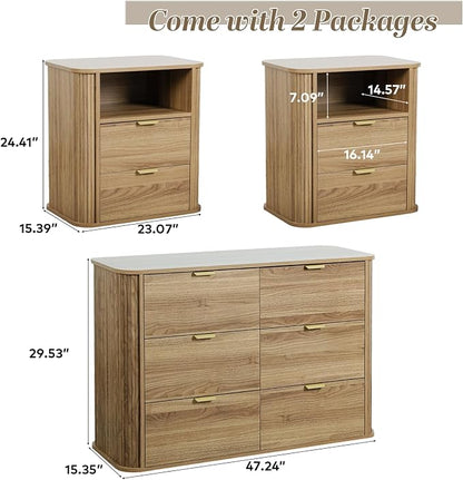 3-Piece Bedroom Furniture Set, Modern Fluted 6 Drawer Dresser & 2-Drawer Nightstands,Mid-Century Wood Storage Cabinet Set n for Bedroom, Hallway (Walnut)