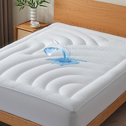 Waterproof Mattress Pad King, Quilted Fitted King Mattress Topper, Five-Layers Noiseless Mattress Protector Cover with 8"-21" Deep Pocket, Machine Washable, White, 78x80