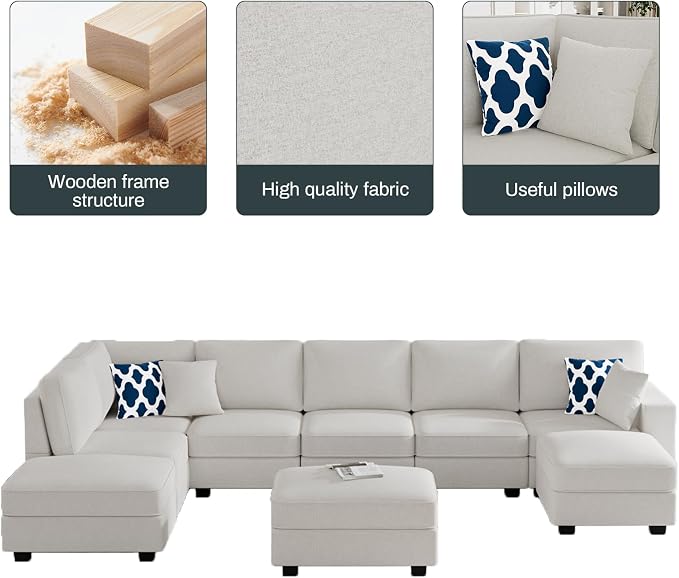 Legend Vansen Oversized Modular Sectional Sofa,U/L‑Shaped Reversible Couch with Ottoman,Deep Seat Plush Polyester Sofa for Living Room,9‑Seater,Cream