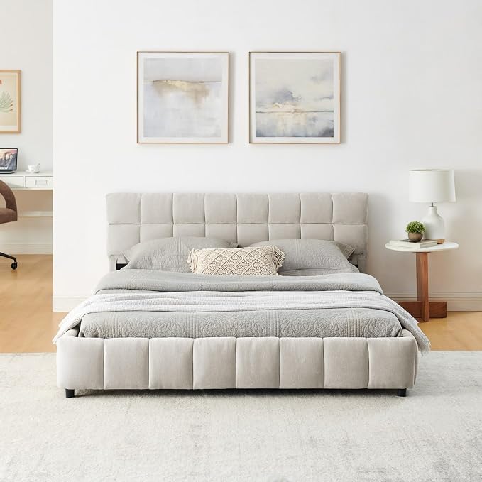 KEIKI Queen Thick Chenille Bed Frame with 4 Storage Drawer & Upholstered Tufted Headboard, Modern Solid Wood Floor Platform for Bedroom, No Box Spring Needed