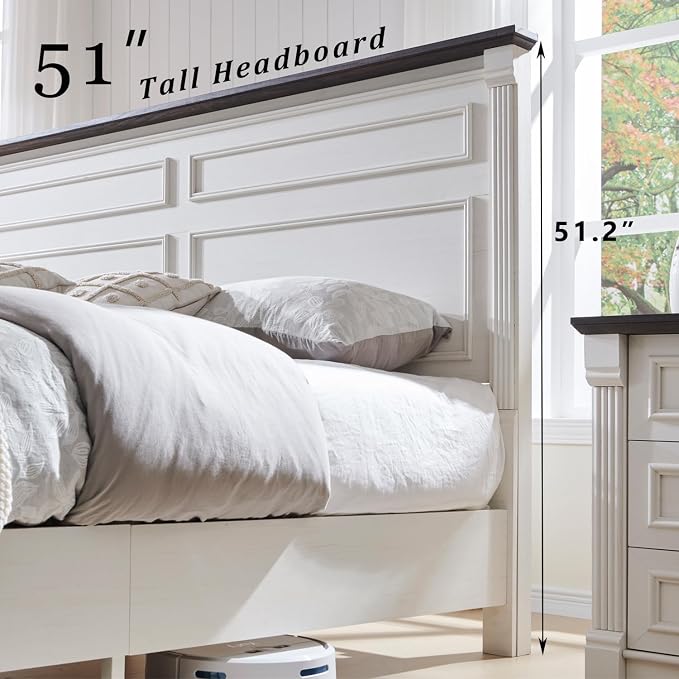 Aitjunz Farmhouse King Size Bed Frame with 51" Tall Headboard, Wood Platform Bed Frame with 20" Tall Roman Column Decoration Footboard & 3 Large Storage Drawers, No Box Spring Needed (White)