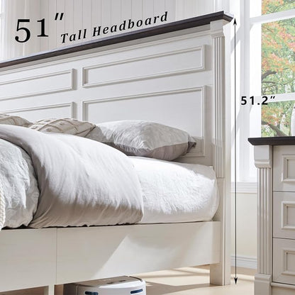 Aitjunz Farmhouse King Size Bed Frame with 51" Tall Headboard, Wood Platform Bed Frame with 20" Tall Roman Column Decoration Footboard & 3 Large Storage Drawers, No Box Spring Needed (White)