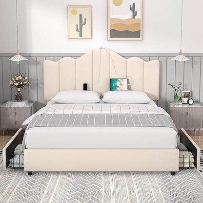VECELO Full Size Bed Frame with 4 Drawers, Adjustable Headboard, Upholstered Platform with Wood Slats Support, Built-in USB and Type C Ports, Cream Beige