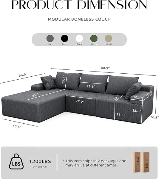 Lifelink 108" Boneless Couch L-Shaped - Modular Sectional Couches for Living Room Cloud Sofa with Deep Seat High Back Oversized Left Facing Chaise No Assembly Required