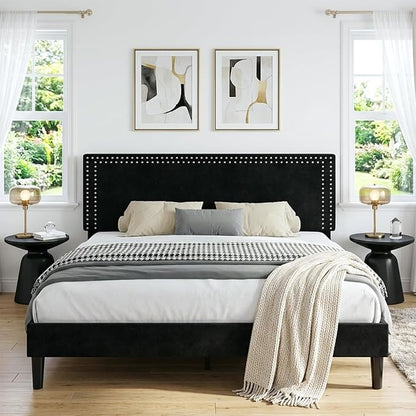 VECELO King Bed Frame with Rivet-Tufted Headboard & Footboard, Upholstered Platform Bed with Wood Slats Support, No Box Spring Needed, Noise-Free, Easy Assembly, Black
