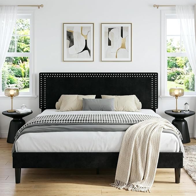 VECELO Queen Size Platform Bed Frame with Height Adjustable Upholstered Headboard, Modern Mattress Foundation,Strong Wood Slat Support, No Box Spring Needed, Easy Assembly,Black