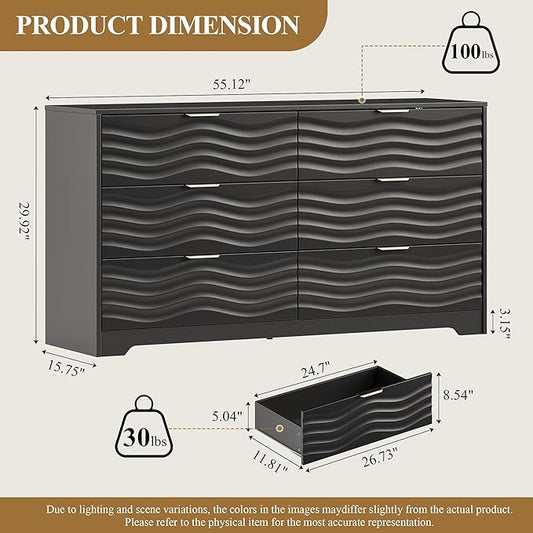 MALOL Coastline Fluted 6 Drawers Dresser for Bedroom, 55" Wide Modern Chest of TV Stand Organizers with Metal Handle, Storage Wooden Dresser Drawer for Living Room, Hallway, Closet, Black Wood