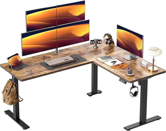TIQLAB 63 x 55 inch L Shaped Standing Desk Adjustable Height, Electric Corner Standing Desk, Sit Stand Computer Table with Splice Board, Rustic Brown