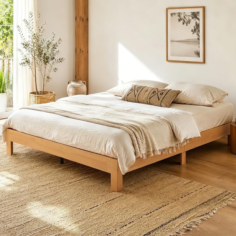 Solid Wood Platform Queen Bed Frame, Natural Oak