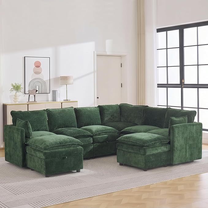 105" Green Modular Storage Sofa, U Shaped Chenille Couch with 2 Ottomans | Oversized Convertible Sectional Sofa, 6-Seat Sectional Couch With 2 Ottomans, Large Cloud Couch For Living Room, Apartment.