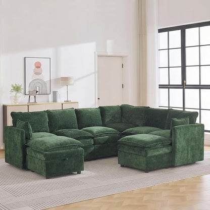105" Green Modular Storage Sofa, U Shaped Chenille Couch with 2 Ottomans | Oversized Convertible Sectional Sofa, 6-Seat Sectional Couch With 2 Ottomans, Large Cloud Couch For Living Room, Apartment.