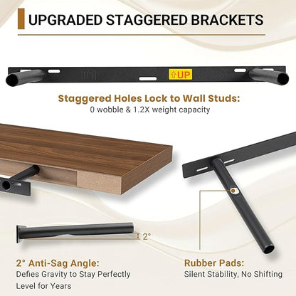 Vivelove Floating Shelves for Wall 12 Inch Deep, 36" X 12" X 1.5" Floating Shelf, 2 Inch Thick Shelf for Living Room Bedroom Kitchen Office, Rustic Farmhouse Decor Set of 2, Walnut