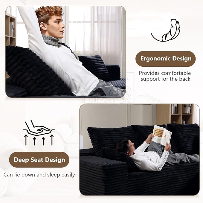 107" W Modular Sectional Sofa, Upholstered Corduroy Cloud Couch with Deep Seat, Modern 3-Seater L-Shaped Sofa for Living Room, No Assembly Required (Black, Left-Facing Chaise)