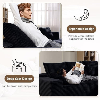 107" W Modular Sectional Sofa, Upholstered Corduroy Cloud Couch with Deep Seat, Modern 3-Seater L-Shaped Sofa for Living Room, No Assembly Required (Black, Left-Facing Chaise)