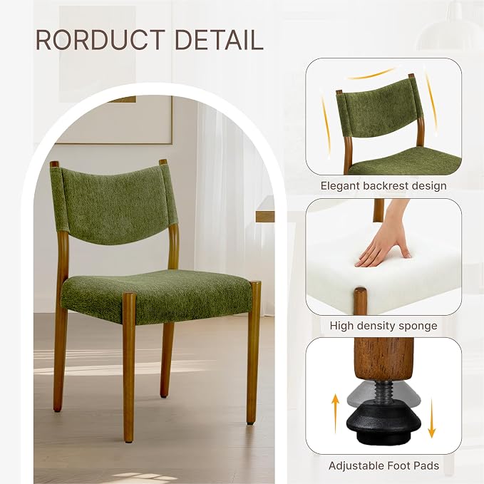 KISLOT Upholstered Dining Chairs Set of 6, Solid Wood Armless Kitchen Chairs with Soft Polyester Fabric, 18.9" Seat Height, Modern Dining Room Seating, 300 lbs Capacity, Green