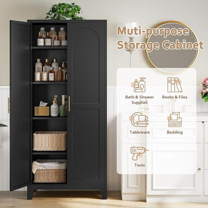 Zevemomo 70.87" H Metal Kitchen Pantry Cabinet, Freestanding Cupboard with 2 Doors and 4 Adjustable Shelves, Tall Metal Storage Cabinet for Kitchen, Bathroom, Dinning Room or Laundry Room （Black）