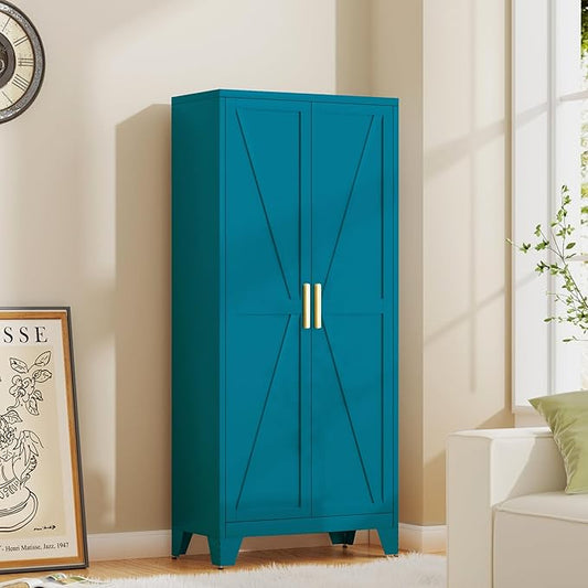 Baborokic 61H Metal Storage Cabinet with 2 Doors and Adjustable Shelves,Farmhouse Storage Cabinet with Barn Doors,Pantry Storage for Home,Office,Dining Room,Kitchen(Blue)