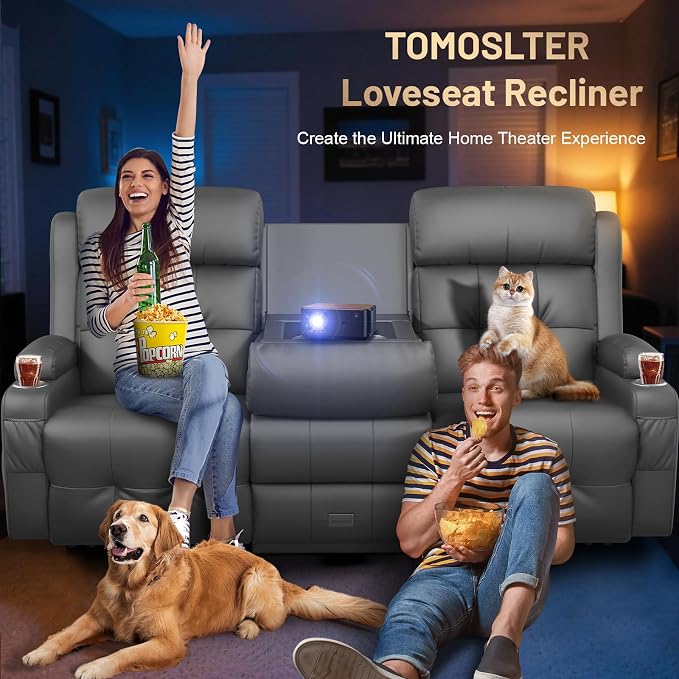 Loveseat Recliner Sofa, Home Theater Seating with Massage, 3 Seat Reclining Loveseats with Flip Backrest, Wall Hugger RV Couch Theater Chairs, RV Furniture Sofas with USB, Cup Holders for Gaming Room