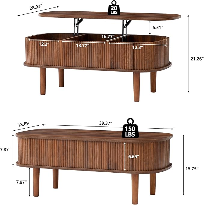 Fully Assembled Fluted Lift Top Coffee Table with Hidden Compartment, Wooden Center Table, Modern Oval Lift Tabletop for Home Living Room Office, Walnut