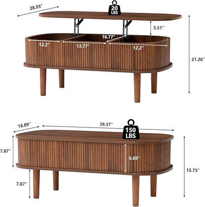 Fully Assembled Fluted Lift Top Coffee Table with Hidden Compartment, Wooden Center Table, Modern Oval Lift Tabletop for Home Living Room Office, Walnut